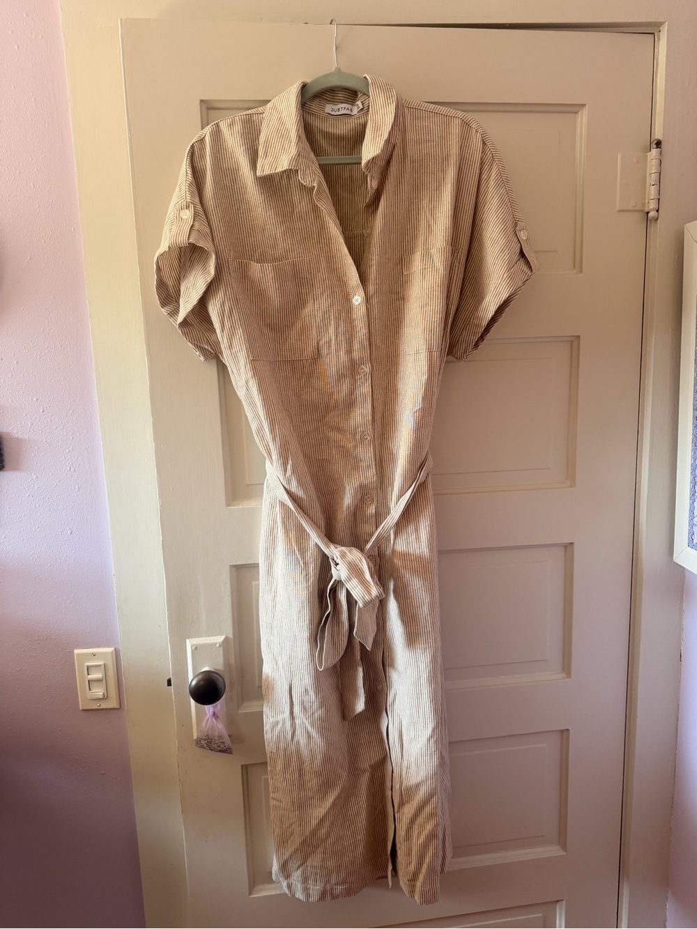 Beige Striped Button-Up Dress with Tie Waist